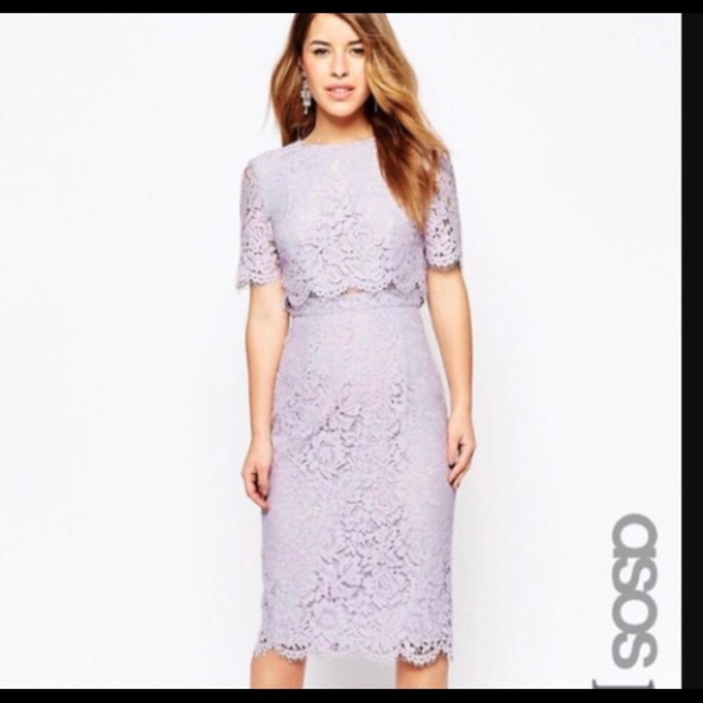 ASOS lilac lace crop top midi pencil dress